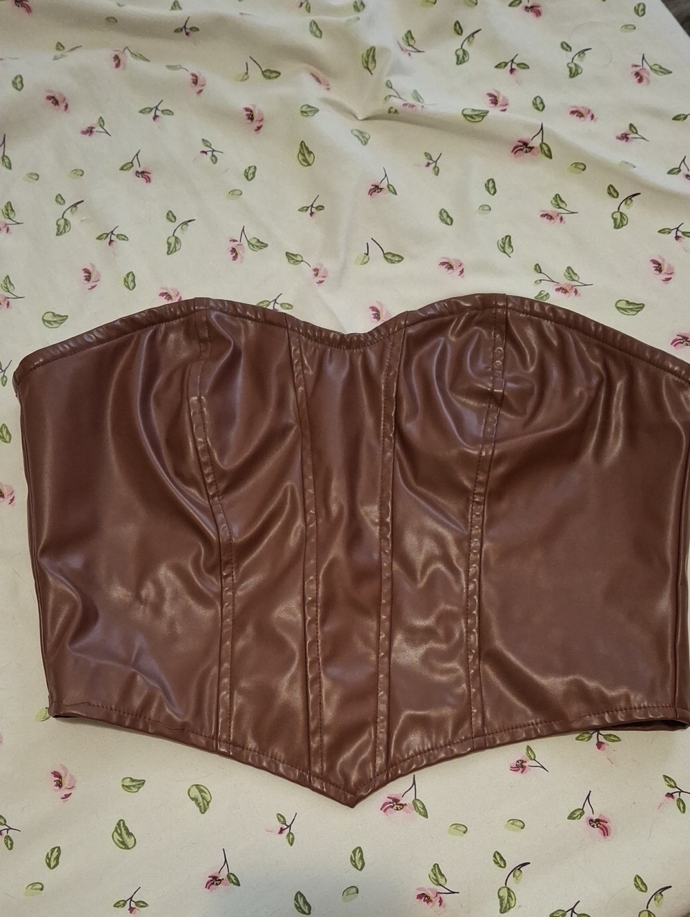 SHEIN Brown Faux Leather Strapless Corset Top